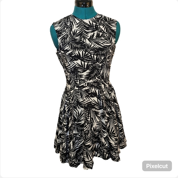 H&M black and white palm sleeveless viscose lined flare high-low mini dress sz 6 - Picture 1 of 8